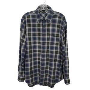 Tommy Bahama Mens Size L Shirt Button Up Wool Silk Cotton Plaid Long Sleeve Blue